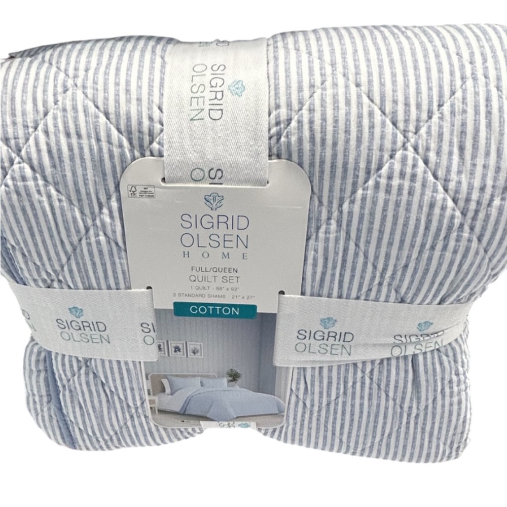 Sigrid Olsen Striped Blue and White Full/Queen Quilt Set 88”x92”